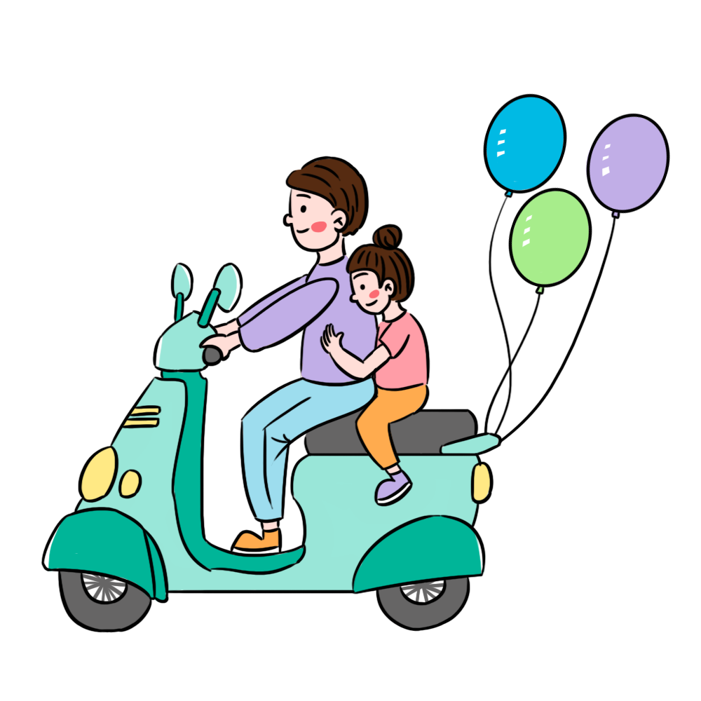 攝圖網_401058448_彩色卡通爸爸騎電動車帶女兒場景（企業商用）.png
